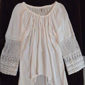 XCVI Ivory Tunic Top Womens L Boho Lagenlook Cream Hi-Low Tie Front Crochet Slv